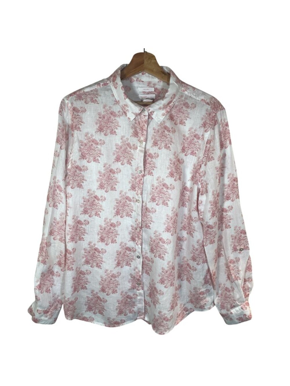 Shabby Chic 100% Linen Floral Rose Button Up Shirt Women XL Pink White Cottage